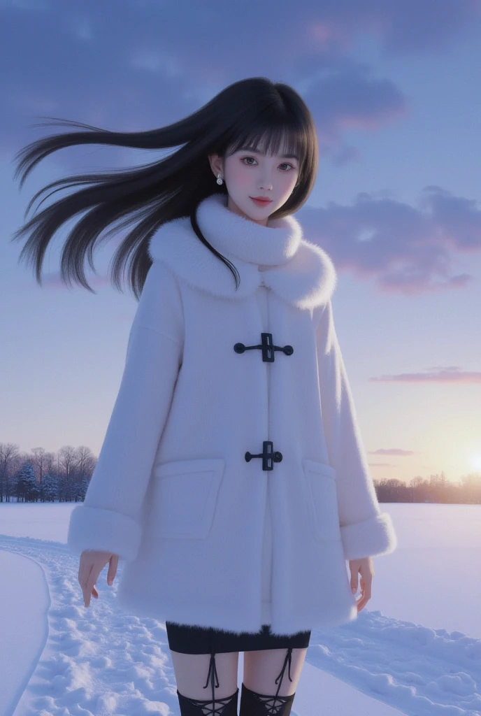 ((masterpiece, 32k,8k,wallpaper, high resolution, H,RAW photos,)),(realistically:1.5),(light),(Detailed fingers),(High detail skin:1.beautiful eyes),1 girl,alone,center， Winters, Yuki, fur collar wind coat, turtleneck sweater, Minkitz, lace up pantyhose,(huge snatch),twilight，Cloud，wind，hair flying，