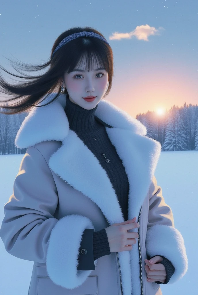 ((masterpiece, 32k,8k,wallpaper, high resolution, H,RAW photos,)),(realistically:1.5),(light),(Detailed fingers),(High detail skin:1.beautiful eyes),1 girl,alone,center， Winters, Yuki, fur collar wind coat, turtleneck sweater, Minkitz, lace up pantyhose,(huge snatch),twilight，Cloud，wind，hair flying，