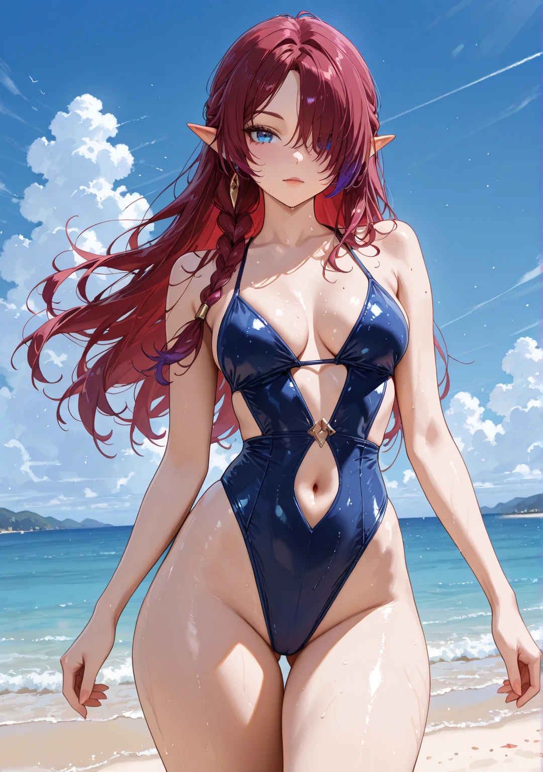 1 girl, solo, ch4sca, multicolored hair, red hair, purple hair, blue eyes, pointy ears, hair over one eye, long hair, braid, mole on shoulder, medium breasts, voloptuous, thick thighs, wide hips, alternate costume, looking at viewer, closed mouth, blue one-piece swimsuit, lips, covered navel, bare shoulders, standing, outdoors, sky, day, cloud, water, dark blue sky, ocean, ass visible through thighs, beach, thigh gap, contrail, cowboy shot, gleaming, shiny, shiny skin, shiny outfit. BREAK .quality\(8k,wallpaper of extremely detailed CG unit, high resolution, top-quality, top-quality real texture skin, hyper realistic, increase the resolution, RAW photos, best quality, highly detailed, the wallpaper, golden ratio, high saturation realism, vibrant colors, dramatic lighting, persuasive storytelling, atmospheric scenery, captivating visuals, intricate details, strong emotions, dreamlike world\),(dynamic angle:1.4)