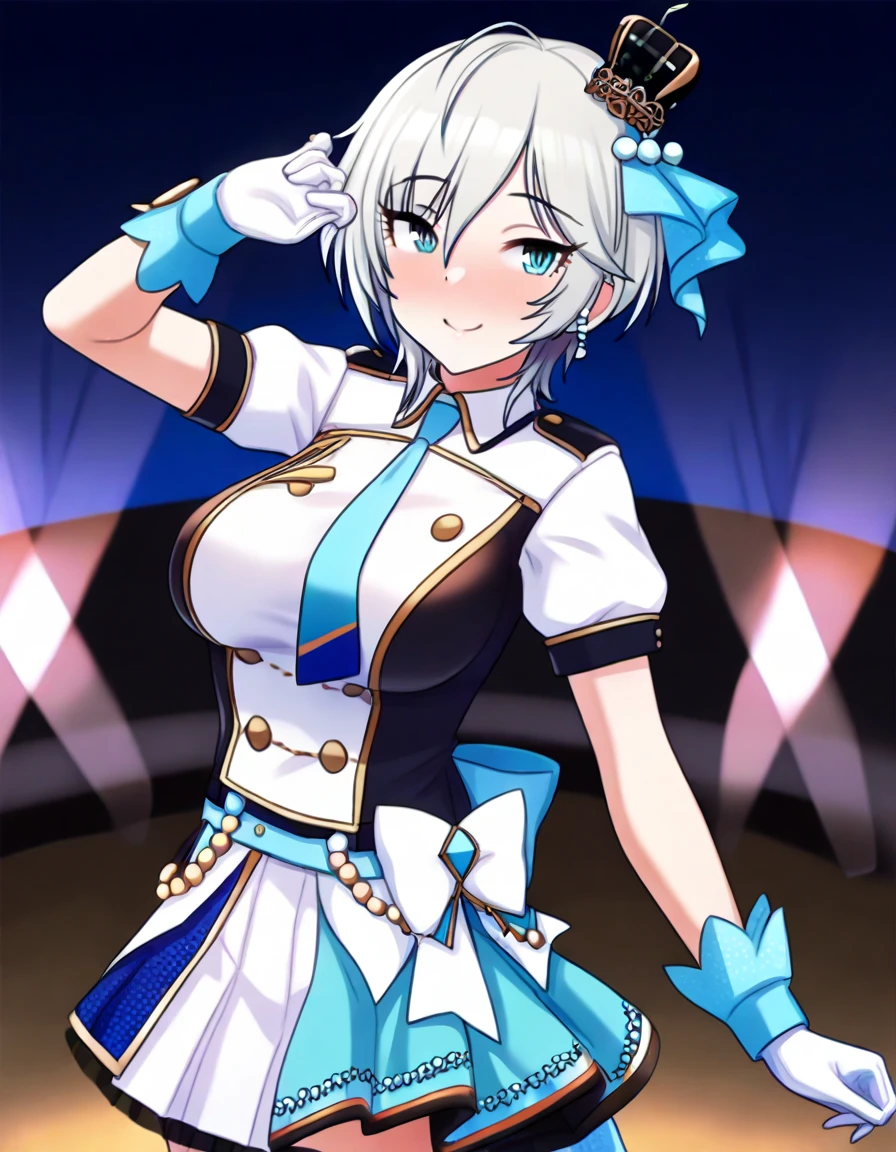 best quality, amazing quality, very aesthetic, absurdres,
1girl, idolmaster, anastasia, short white hair, blue eyes, large breast, idol uniform, skirt idol uniform, smile, blush, pearl crown, stage, idol stage, night, earings,