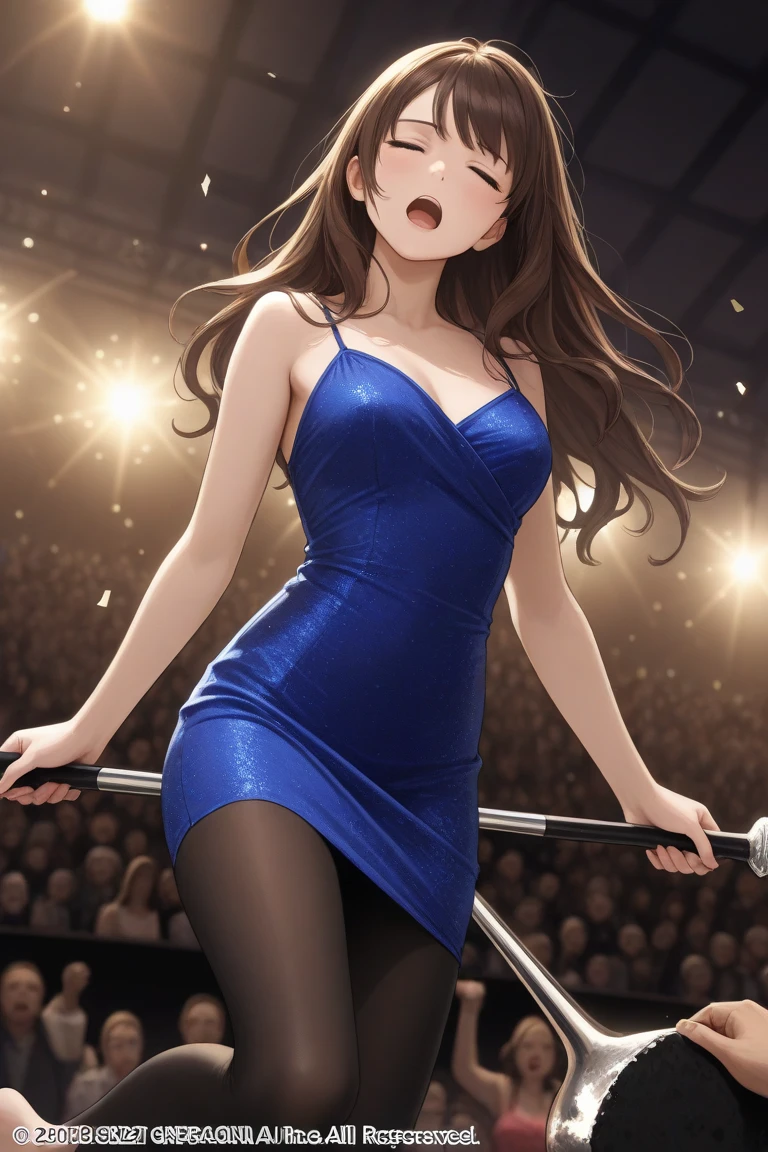 masterpiece, best quality, 1girl, {unconscious:2.0}, black tights, open mouth, party dress, {eyes closed:4.0}, club, official art, brown hair, long hair, falling backwards, head tilt, detailed eyes, legs bent inward, fainting