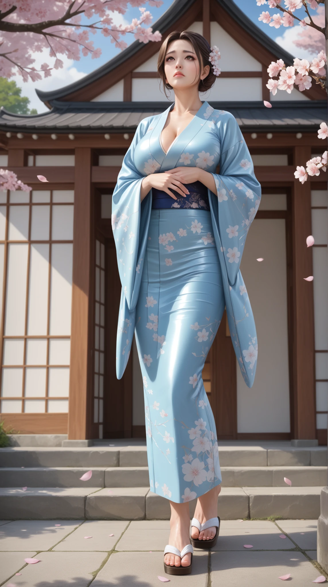 Raw photo, Photorealistic, 8K, 16 K, Perfect Anatomy, perfect detailed, 超A high resolution, Extreme eyes and face, gleaming skin, masterpiece, 1girl,solo, japanese, very short black hair,eyewear,wearing blue yukata on autumn leaves pattern,bare shoulders,cleavage cutout,standing near well,(holding falling backet),full body,wonder face
