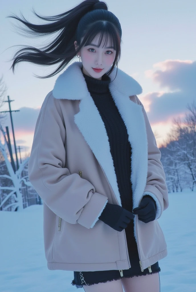 ((masterpiece, 32k,8k,wallpaper, high resolution, H,RAW photos,)),(realistically:1.5),(light),(Detailed fingers),(High detail skin:1.beautiful eyes),1 girl,alone,center， Winters, Yuki, fur collar wind coat, turtleneck sweater, Minkitz, lace up pantyhose,(huge snatch),twilight，Cloud，wind，hair flying，