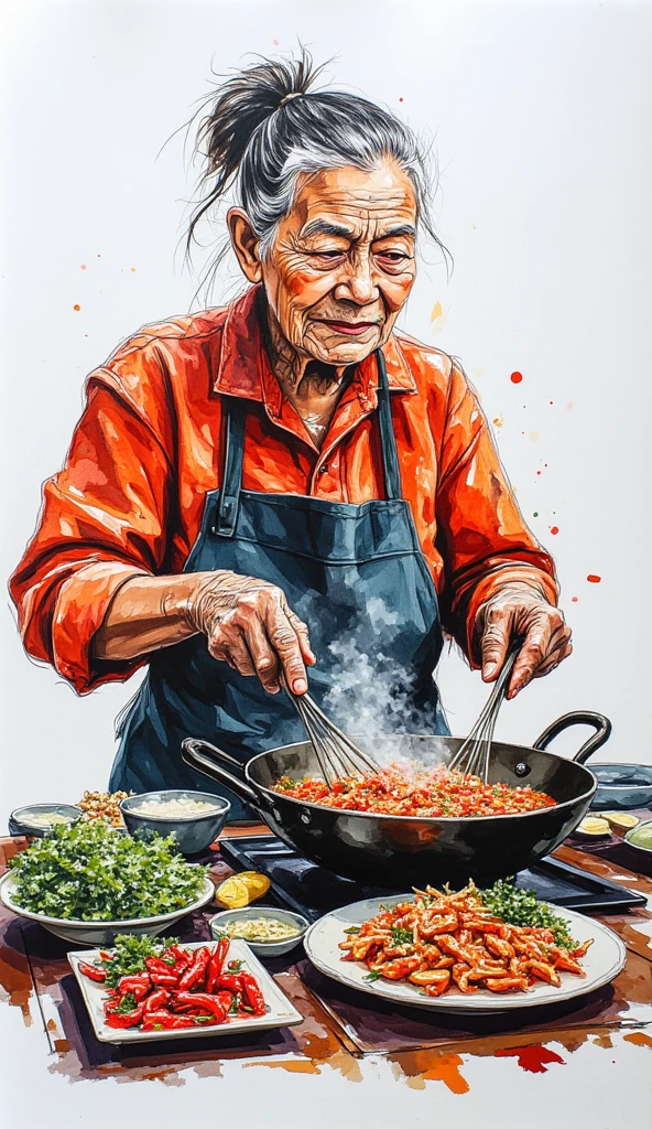 a mural art of an old woman from asia making food in her food stall, white background