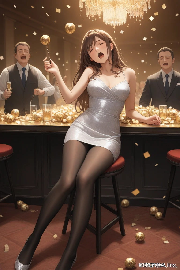 masterpiece, best quality, 1girl, {unconscious:2.0}, black tights, open mouth, party dress, {eyes closed:4.0}, club, official art, brown hair, long hair, falling backwards, head tilt, detailed eyes, legs bent inward, fainting