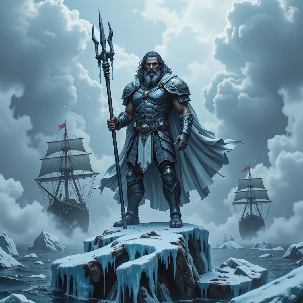 Awe-inspiring, God-like, dynamic Close-Up scene of Poseidon standing on an iceberg. Dynamically god pose. Celestial. More icebergs surrounding. Winter storm at sea. Snowing heavily. Dark gray hair and beard with icecicles hanging from it. He is donned in silver, ornate, fish scale armor with a white cape. Clutching a trident spear with icecicles hanging off. Facing viewer in dynamic godly pose. Ships are being sunk by icebergs in the background. His hair blowing in the wind. Heavy snow. Floating Particles, High Resolution, Masterpiece, Award Winning, Super Detailed, Cinematic, Cinematography, Digital Art, Hyperrealism, Depth Of Field, Image Fill, Dynamic Pose, Dynamic Movement 