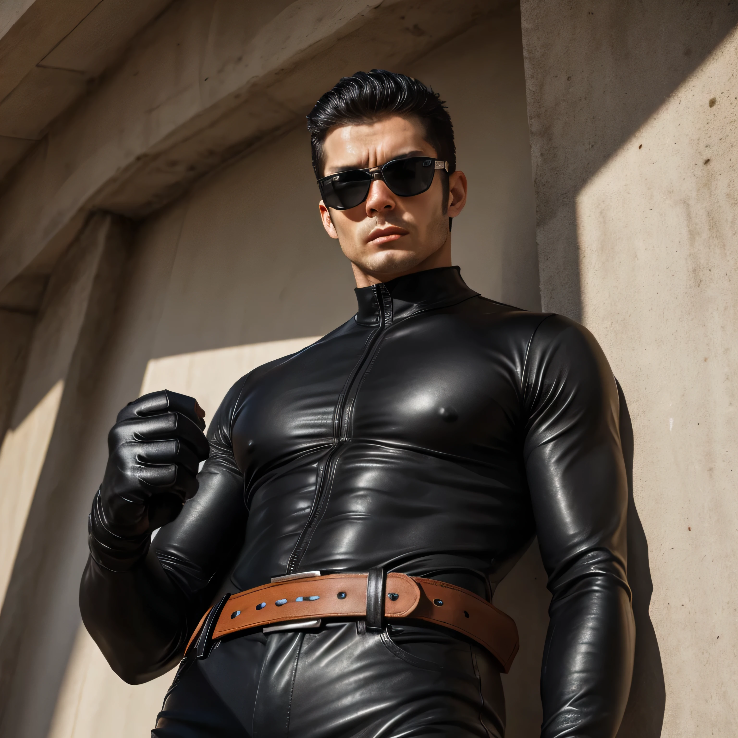 40 years old,One Man,、Black bodysuit、Shocker Belt、Black gloves、Bedroom、Kneel。The crotch area is bulging、　logic,Gay ,Brown Hair、Short cut。Very short hair、Handsome Fighter　smile　Close-up of face　　Black sunglasses