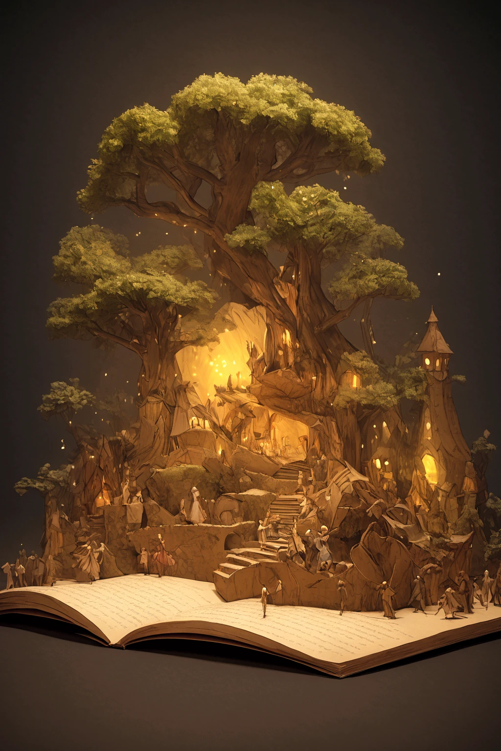 A cardboard fairytale book sculpture, with pages folding out into a 3D pop-up scene of a magical forest, complete with painted characters and glowing fireflies --style raw