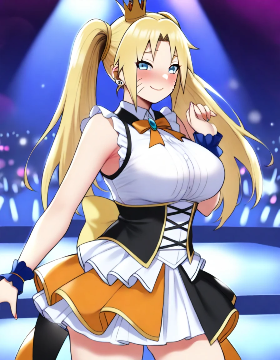 best quality, amazing quality, very aesthetic, absurdres,
1girl, Naruko (Naruto), long blonde hair, blue eyes, large breast, idol uniform, skirt idol uniform, smile, blush, crown, stage, idol stage, night, earings,