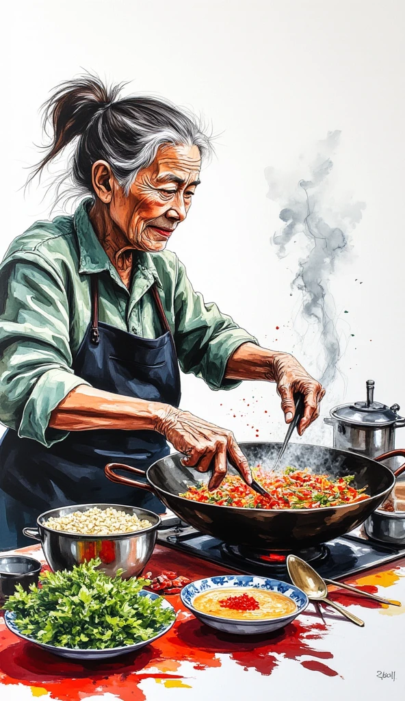 a mural art of an old woman from asia making food in her food stall, white background