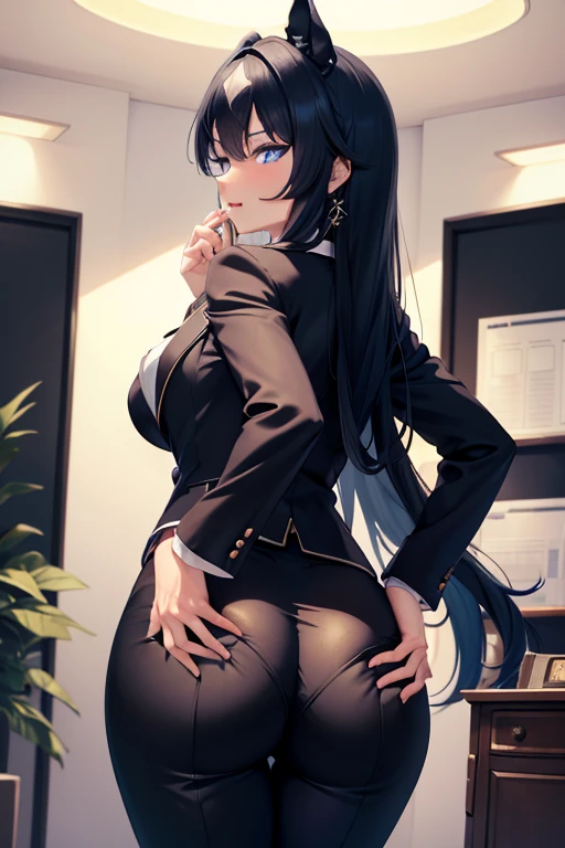 UHD, masterpiece, textured skin, super detail, high details, high quality, award winning, best quality, highresNSFW,manhattan cafe,manhattan cafe(racing wear),Uma Musume,horse ears,hair_between_eye,black pantyhose,length_hair, black_hair, black Gloves,yellow_eye,Ahoge,tie,black_Jacket,skirt,black_footwear,all-fours、s ass、facing back,on the bed