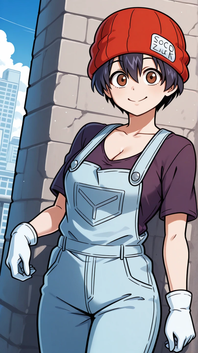 masterpiece, best quality, cowboy shot, solo, 1girl, izumo fuuko, smile, looking at viewer, short hair, black hair, hair between eyes, red headwear, beanie, brown eyes, two-tone, dark purple shirt, blue overalls, short sleeves, white gloves, collarbone, cleavage, outdoors, city, determined smile, showing muscle 
