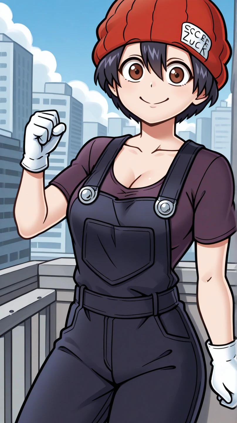 masterpiece, best quality, cowboy shot, solo, 1girl, izumo fuuko, smile, looking at viewer, short hair, black hair, hair between eyes, red headwear, beanie, brown eyes, two-tone, dark purple shirt, blue overalls, short sleeves, white gloves, collarbone, cleavage, outdoors, city, determined smile, showing muscle 
