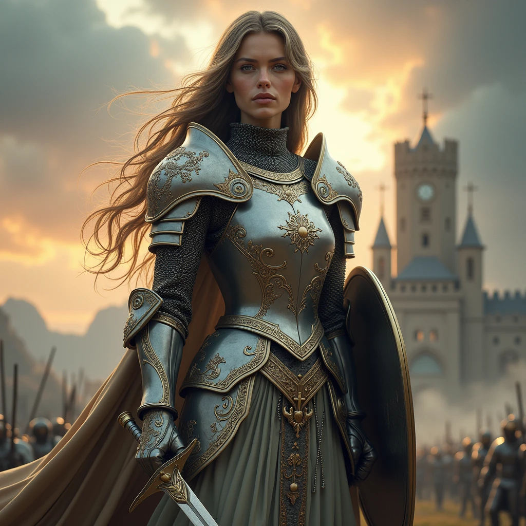 (Masterpiece), (1girl), (best quality), (best artist), (best intensity), (best environment and background), (best landscape), a warrior girl wearing armor, long brown hair, yellow eyes, landscape of flowering fields, semi-dark, neutral lighting, a little without lighting.