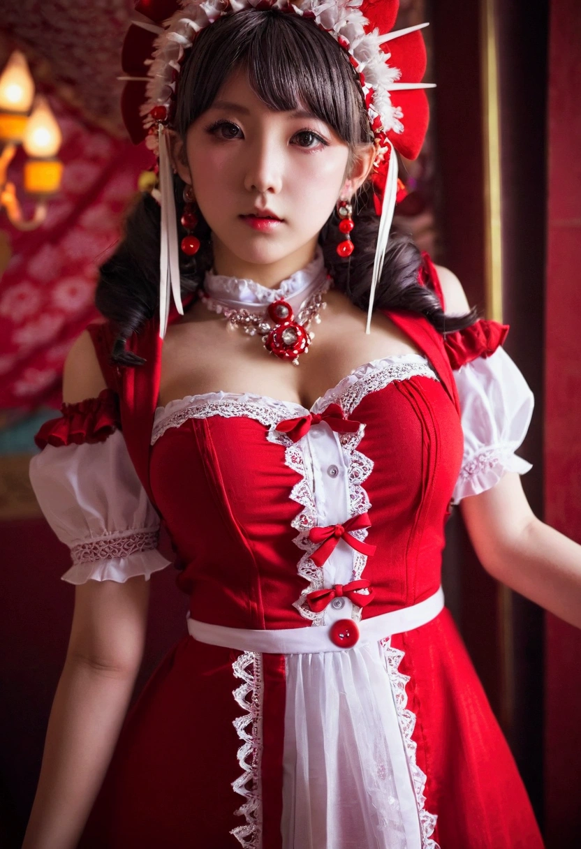 8k, (ultra hd:1.2), (masterpiece:1.5), 1 girl, cute face, very long hair, detailed eyes, small bust, baby doll costume, (red costume:1.4), (retro filters:1.4), (fantasy:1.4), (candy world Disney land:1.5), ethereal soft fluffy soft landscape background, hyper realistic Ultra quality cinematic lighting, immense detail, Full hd, perfect body,