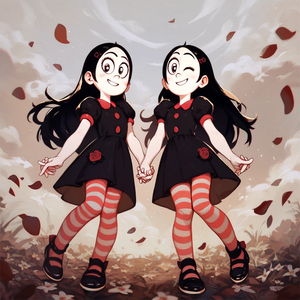 iris, 2girls, one-eyed black hair, dress. striped pantyhose, smile, clones herself, holding hands