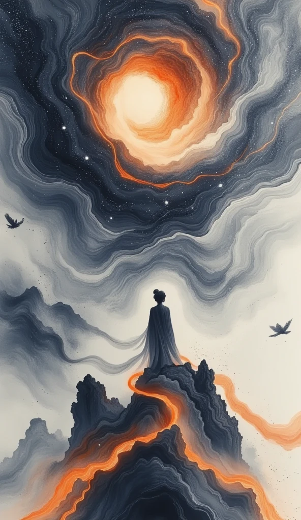  A beautiful woman standing on a cliff looking up at the stars, （ Exquisite silhouette）， surrounded by a vortex of cosmic energy ， shrouded in a fantastic mist 。Figure in a flowing robe .，Elegant，Light， merging with the flow of heaven and earth 。 The sky is dark purple and blue tapestry ，星Light点缀， The landscape below suggests soft 、Rolling mountains，星Light灿烂,  fantastic numbers , Ethereal精华, Unreal fantasy,  ethereal beauty ,  digital art fantasy , beautiful fantasy painting,  exquisite fantasy art , Stunning fantasy art, Inspired by  Cyril Rolando  ( Cyril Rolando ),  fantasy art style ,  gently swirling magical energy ,  fantasy numbers ,  fantasy numbers 艺术, Ethereal, of Unreal fantasy，Artistic Beauty ，Gold Thread。Tracking Gold。
