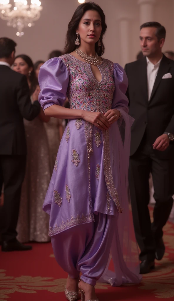 a tall apple shape body figure woman stands straight gracefully at a party,camera-facing with her hands straight down together in front of her.she is wearing a punjabi-style outfit made of beautiful crafted pure light purple raw silk kurti with multicolor dabka, stone and pearls fabric. the round-neck kurti has exaggerated puffy shoulders, adding a dramatic flair, and fitting 3/4 sleeves for an elegant touch. paired with raw silk fabric dhoti-style shalwar,the look is completed with high heelsthat accentuate her poised stance,exuding sophistication and allure. 