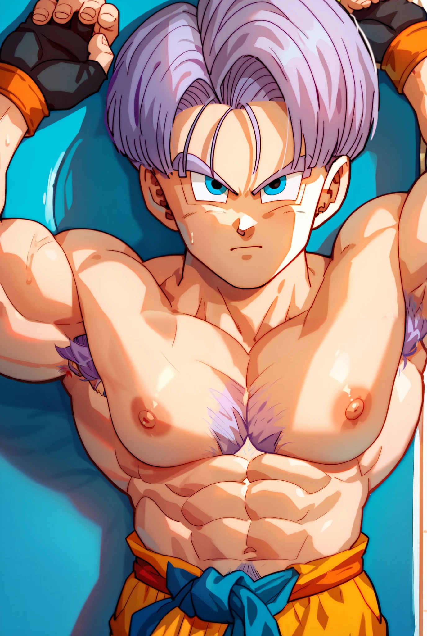 1 futanari, Saiyan, white spiky hair combed back,super saiyan, green eyes,slim, thin waist, wide hips, brown skin color, medium breasts, futanari, nudes, no clothes, huge dick, large dick, steamy dick, veins, girl  girl doing blowjob in futanari, 