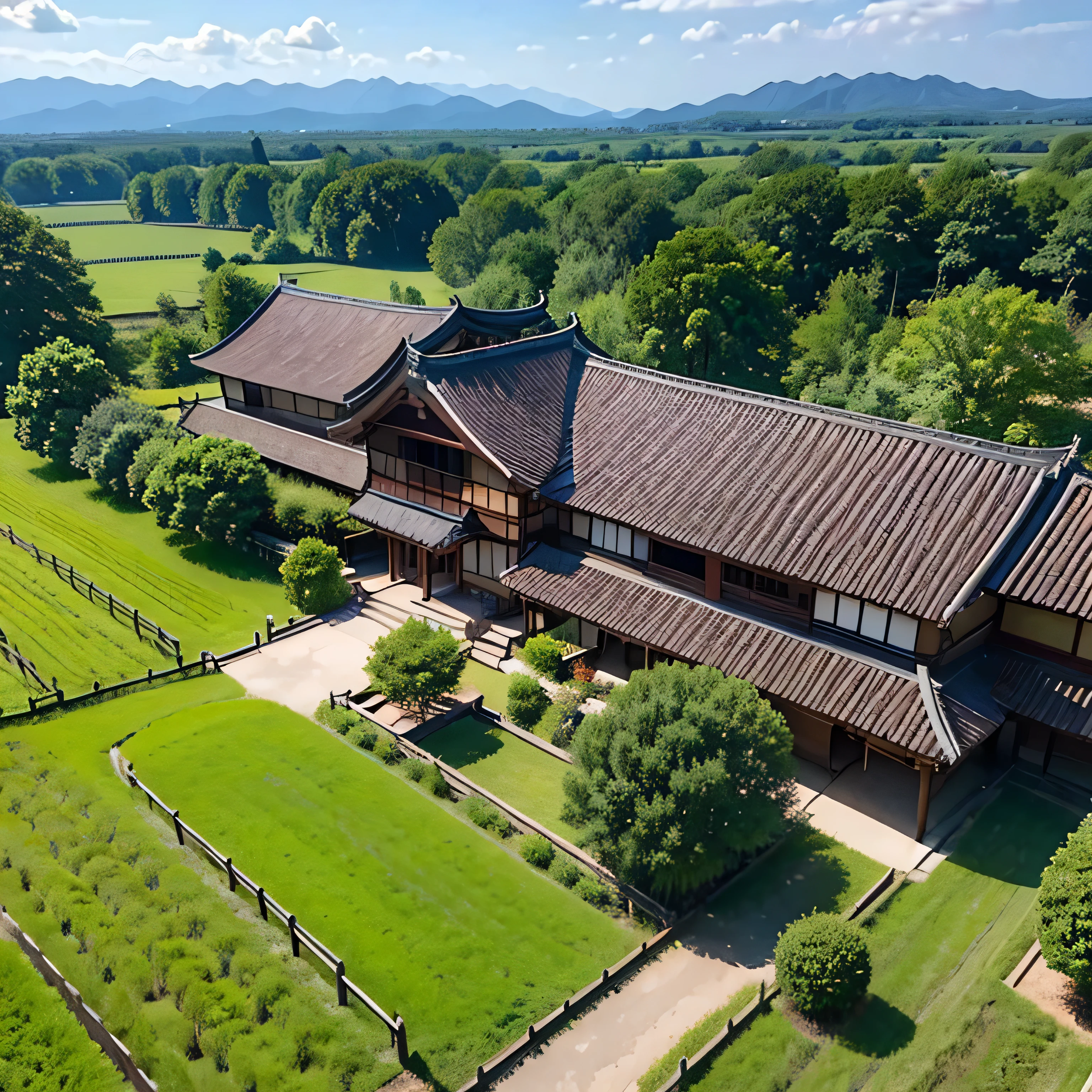 Aerial photography、 A Japanese woman standing in the countryside is looking at the vast countryside。green々 due to the deep depth of field 々It spreads far and wide 、その上には明るいgreen空と柔らかい雲が広がる。 fields and scattered village houses 、 everything from women to distant views is clearly depicted 、 emphasizes the expanse and grandeur of the countryside 。