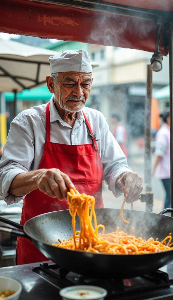 a photograph of an old asian man in red apron and a white cap frying noodles in his food stall, roofed food stall, white background