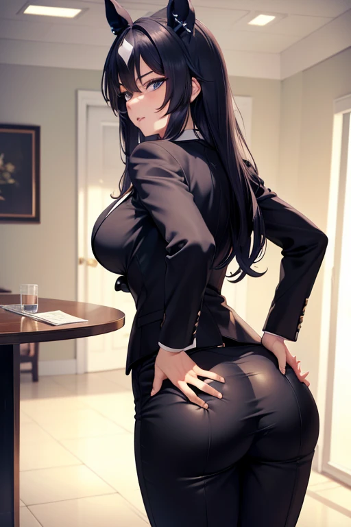 Long black hair, bangs, glasses, black lace bra, black pleated skirt, pantyhose, Showing your ass to the viewer.