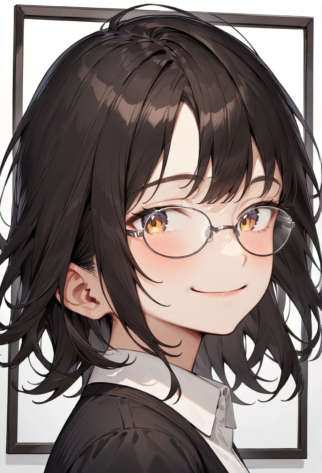 Masterpiece,  best quality ,  very aesthetic,  That&#39;s ridiculous.,
 from the side 1 girl , Alone,  black hair,  medium haired, smile,  stare at viewers,  upper body,  collared shirt ,
Oval_metal, glass,  black frame eyewear, 
  White Background ,  simple background,
 