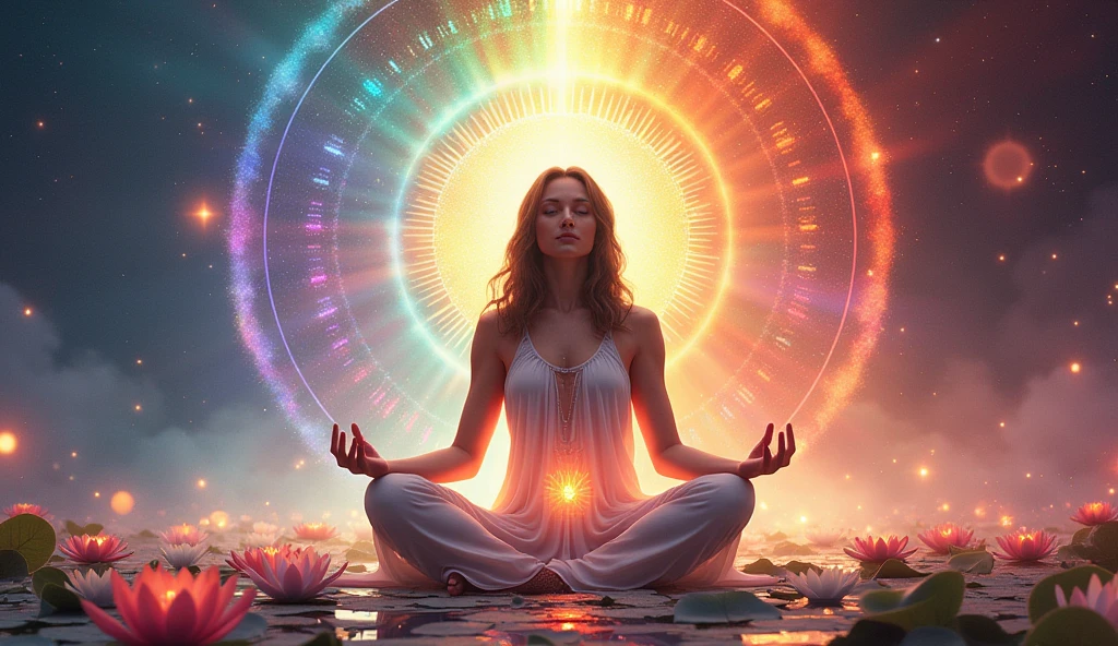 Yoga pose light spectrum with the seven chakras around, vibrant colorsa ...