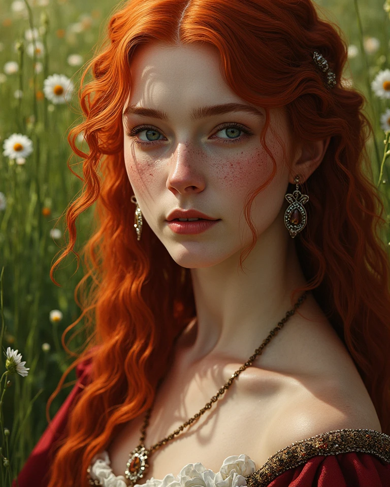 A close up portrait of a red head gorgeous beautiful woman, pale skin, freckles, Western European Descent, Donning a Medieval Dress, at the meadows 