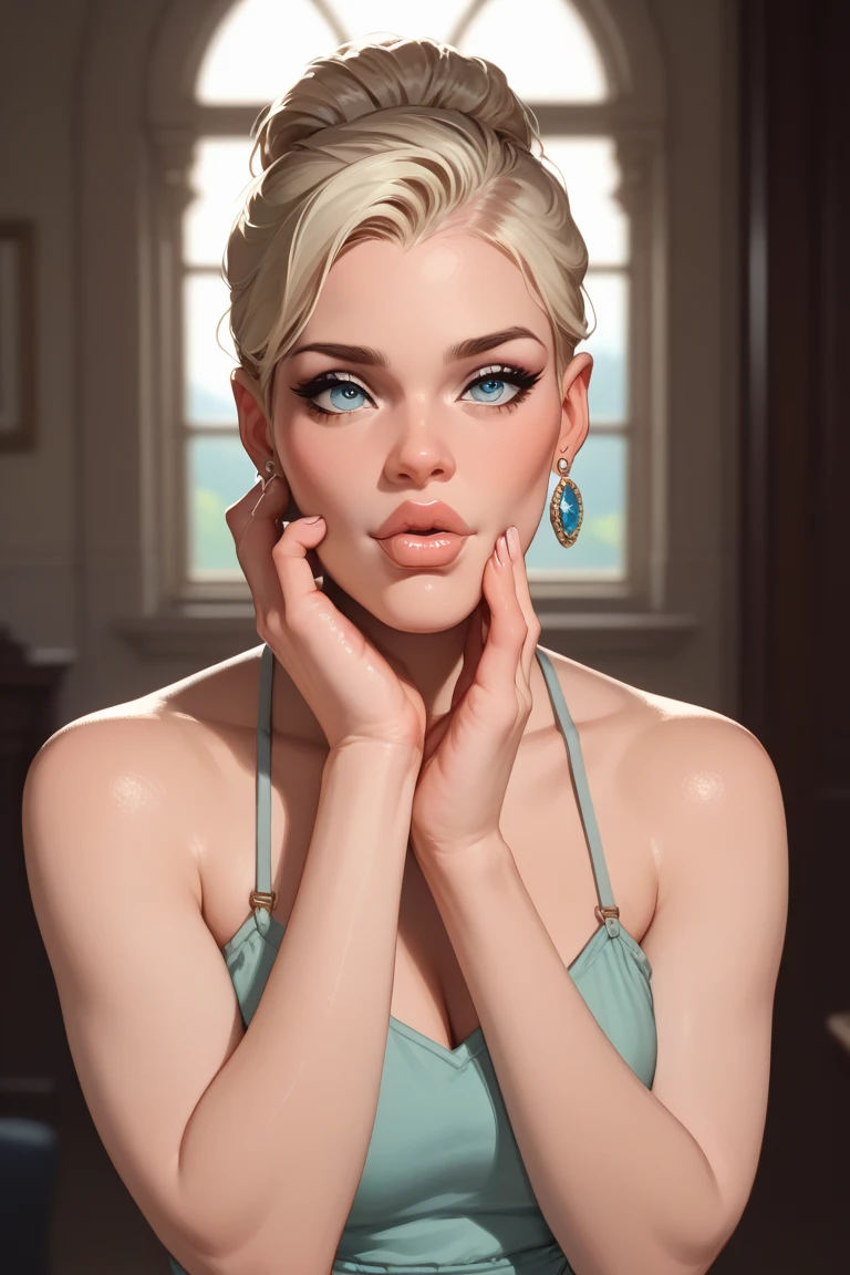 a beautiful young girl with short silver hair and violet eyes, wearing a skin-tight frock that reveals her cleavage and legs, 1girl, upskirt, detailed facial features, hyper realistic, 8k, photorealistic, studio lighting, extremely detailed, masterpiece, cinematic lighting, ultra-detailed, vibrant colors, intricate details, dynamic pose, beret