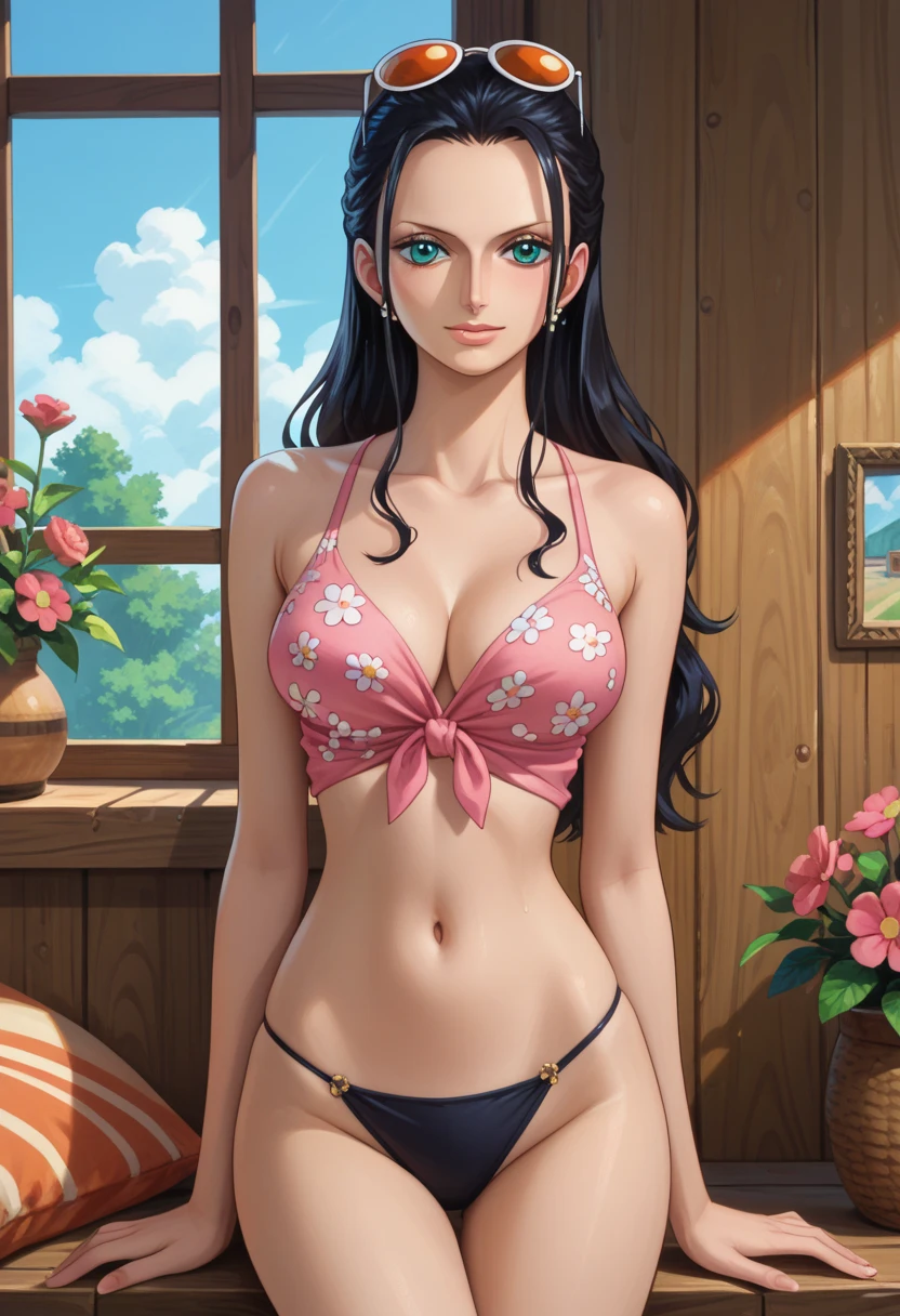 Masterpiece, 8k quality, extremely detailed, Nico robin, one piece, cabin bedroom background, pink crop top tied in the front with flower patterns, black bikini bottoms, zoomed in, flower in head, sunglasses