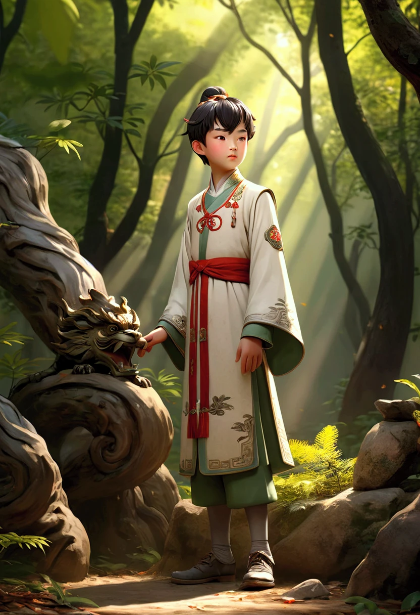 a , in a deep forest, Old Chinese Costume,  full body ,  sunlight , clear face, clean white background,  masterpiece,  super detail , epic composition,  Ultra High Definition,  high quality,  extremely detailed,  official art ,  uniform 8k wallpaper,  super detail , 32k, behind the boy a bronze statue with eyes 