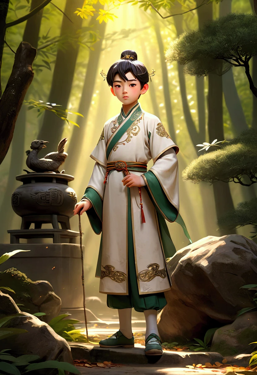 a , in a deep forest, Old Chinese Costume,  full body ,  sunlight , clear face, clean white background,  masterpiece,  super detail , epic composition,  Ultra High Definition,  high quality,  extremely detailed,  official art ,  uniform 8k wallpaper,  super detail , 32k, behind the boy a bronze statue with eyes 