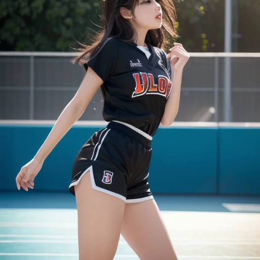(((Open your crotch and take a photo from below)))、（Crotch enlargement:1.5）Close up with crotch emphasis、Open crotch、（Large Majora Meat Wall:1.5）、A smile、best qualtiy, Full body like，refined face，kawaii faces，Young Woman，slimfigure，Smaller bust，Volleyball Club Uniforms、Tight bloomers、Outdoor Scene,(Accurate and perfect face:1.3),(Long legs:1.3),Cinematic lighting, masutepiece, super detailing, High quality, high detailing, Best Quality, 16 K，High contrast、White background、Sweaty all over