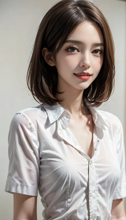 ((masterpiece)), ((Highest quality)), ((Complex)), ((Surreal)), (Realistic), (Mature Woman), ((No classes)), Very detailed, (1 female), Beautiful and exquisite, (Beautiful Teeth), Grin, Brunette bob hair, Brown eyes, ((blouse)), (Upper Body), (background:none), Perfect Eyes, Captivating eyes, Looking at the audience