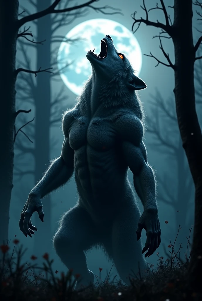 handsome nude teenage werewolf, very short hair, circumcised penis, gothic graveyard