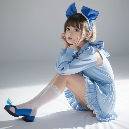 uekura, One girl, Blonde Hair, White Background, Have, dress, Blue footwear, wing, Simple Background, sign, flower, Manicure, Wide sleeves, Long sleeve, blush, animal, white flower, alone, whole body, bird, View Viewer, High heels, Put your hand on your cheek, put your hand on your face, Frills, bow, bangs, ribbon, Bell, Blue hat, +_+, shoes下, short hair, Grey Eyes, shoes, Blue Claws, feathered wing, blue bow