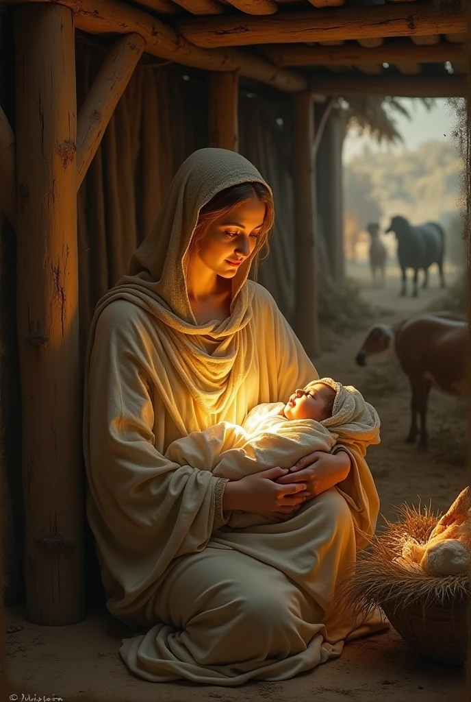 Create an image of the Virgin Mary holding the newborn Jesus Christ in her arms. Mary should be depicted as a serene and gentle figure, dressed in simple, flowing robes, with a modest veil covering her head. She is sitting inside a humble stable, with soft straw beneath her and the warm glow of a lantern illuminating the scene. Baby Jesus rests peacefully in her arms, wrapped in swaddling clothes. The background should show the rustic interior of the stable, with a few animals like a donkey and sheep nearby. The scene is set during a quiet, starry night, with a soft, divine light shining down on Mary and Jesus, highlighting the sacredness of the moment.