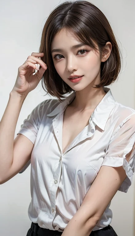 ((Best quality, 8k, Masterpiece: 1.3)), Sharp focus: 1.2, A beautiful woman with perfect body: 1.4, Slim abdomen: 1.2, ((Layered haircut, Large breasts: 1.2)), (no bra) (Small and beautiful hard nipple) (Thin and damp button up to shirt length: 1.1), (White shirt wet by rain), (Rain, Street: 1.2), Wet body: 1.1, Highly detailed face and skin texture, Detailed eyes, Double eyelid, tanned skin, sexy, tan, dark skin, tanned body, exposed shoulders, cleavage