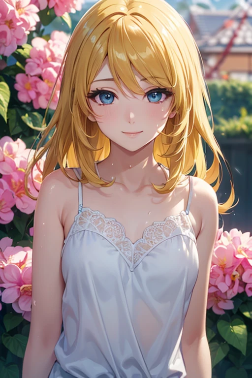 Ayaka,((golden hair)), fox ears,beautiful face,smiling, moderate breast, in the middle of garden, wearing white shirts, cleavage:0.3,illustration,detailed textures,ultra-detailed(realistic),portrait style,vivid colors,soft lighting. full body, after rain, no bra, wet body 