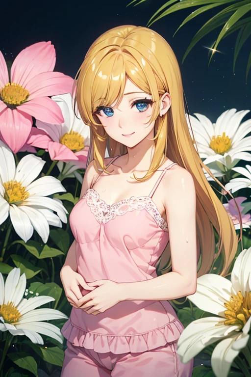 1girl, solo, Emma Sano, Blonder Hair, Eyes Yellow, <lora:sano_emma:0.6>, breasts, flower, lying, dress, on back, looking at viewer, smile, blush, cleavage, water, open mouth, armpits, hand on own stomach, white dress, hair flower