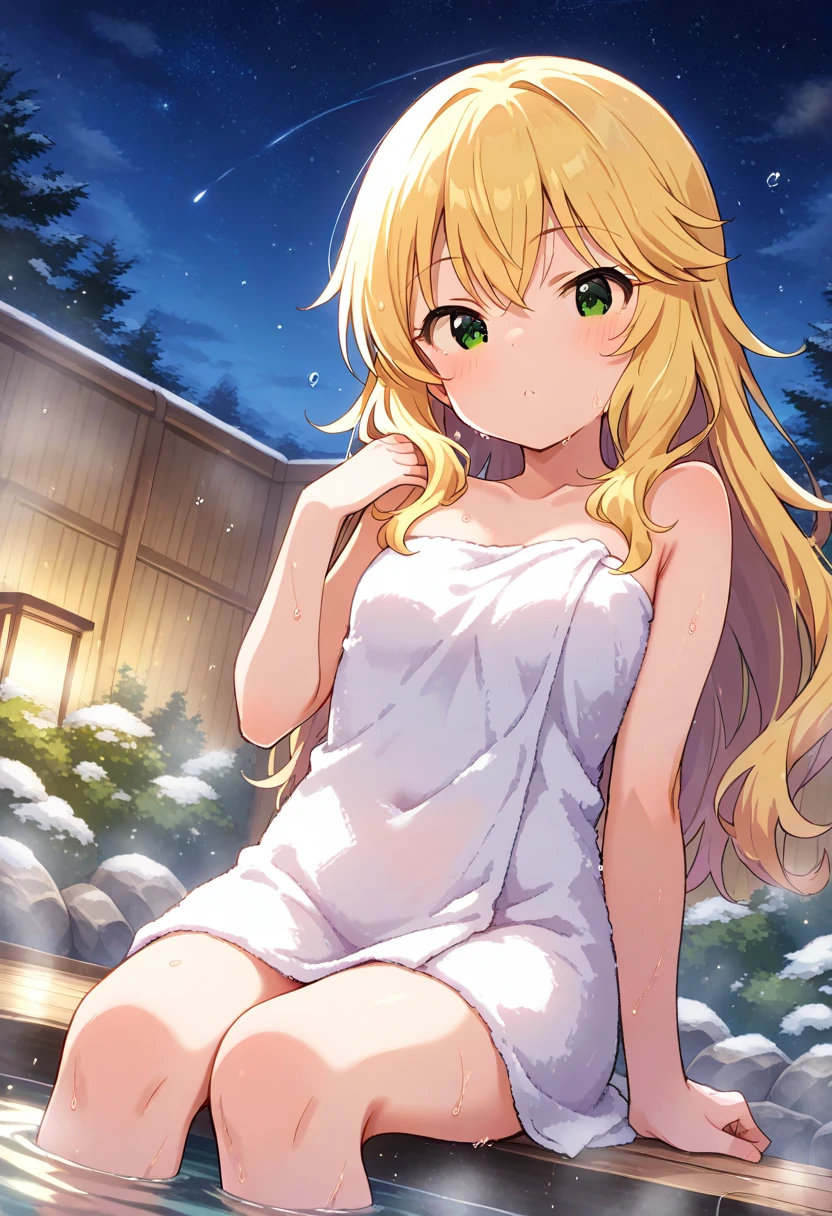 Masterpiece ,best quality , high resolution , (1 girl solo:1.38) , (mavis, long hair, blonde hair, (green eyes:1.5), ahoge, wavy hair , tiled head) , (cleavage:1.2) , (medium breast:1.28) , (wear yukata , inside wear bikini , bare back) , (cleavage:1.15) , (big breast:1.1) , (face view , from behind , back view , head back , look at view ) , (outdoor , in hot_spring , night , hot_spring hotel , pound , night , moonlight) , (standing in hot spring , thighs ) , ( smile , open mouth , full face blush , shy )