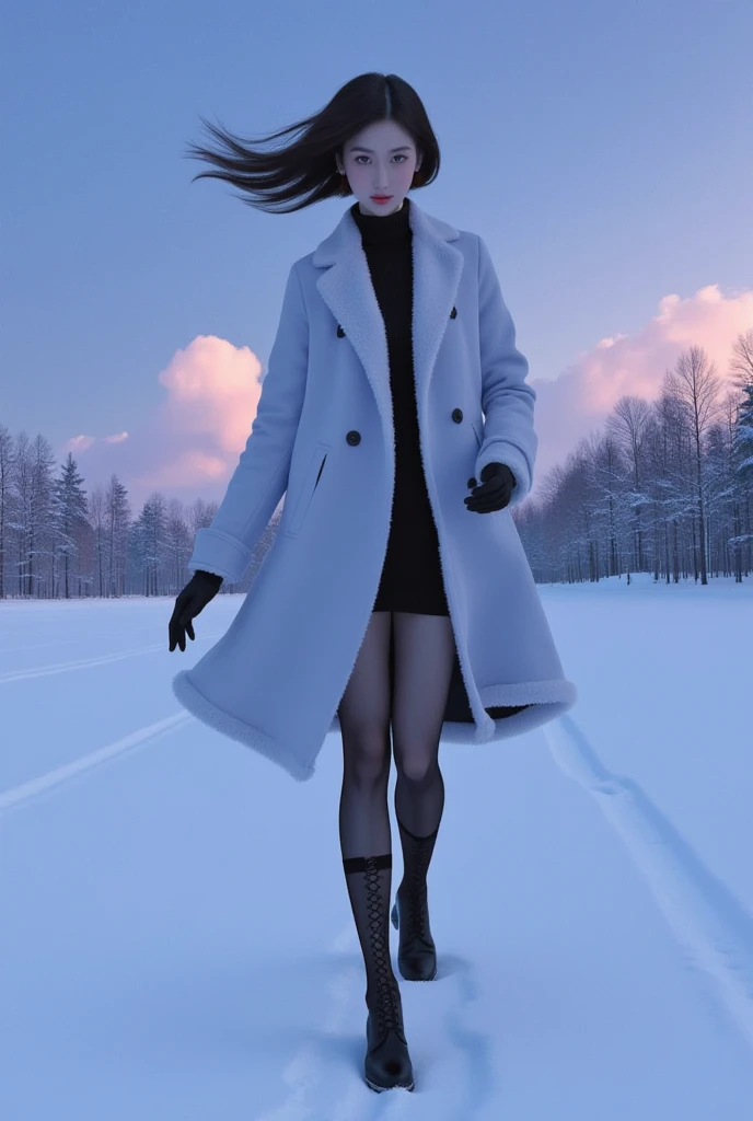 ((masterpiece, 32k,8k,wallpaper, high resolution, H,RAW photos,)),(realistically:1.5),(light),(Detailed fingers),(High detail skin:1.beautiful eyes),1 girl,alone,center， Winters, Yuki, fur collar wind coat, turtleneck sweater, Minkitz, lace up pantyhose,(huge snatch),twilight，Cloud，wind，hair flying，