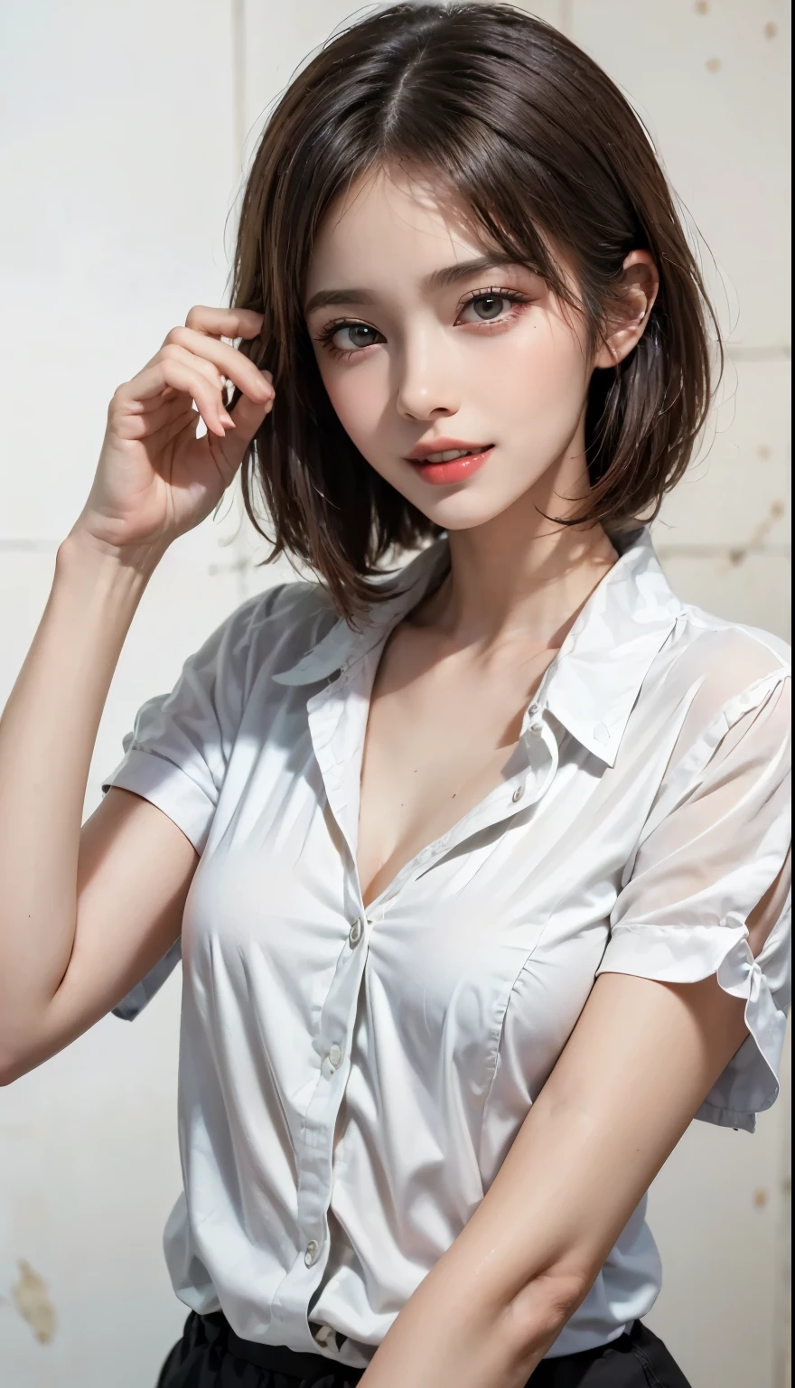 Pee (incontinence: 1.47), fashion trendy beautiful and attractive woman, gentle and attractive Chinese beautiful woman, Korean (kpop idol), delicate and sexy collarbone, attractive oval face, double eyelids, smart [peach] flower eyes, pink lips, small nose, bare shoulders, focus on face, [[face close-up], ultra high definition, super detail, White off-shoulder lace shirt, (((white lace panties), fresh and impressive, natural (large: 1.25), (kneel on the ground), (legs wide open), (legs spread), (from a low angle), (upright 1.5), (shiny skin: 1.4), (low angle)), perfect figure, areola, cleavage, armpit wrinkles, (floor urine)), (NSFW: 1.05), ( Showpiece, top quality, high precision)), one girl, (big, photorealistic: 1.4), (slightly above the camera, looking up at the camera, looking up, looking up at the camera, staring at the camera))), solo, solo, white background, snow-white background, mouth closed, happy smile, pretty black hair, short hair, big eyes, pronounced double eyelids, eyelashes, ears out, long neck, long neck, Absolute area, ((close-up of face, short hair with bangs)), 19 years old, attractive proportions, shiny skin, clean collarbone, golden ratio face, perfect face, teardrop mole, chest mole, bangs, clean bangs, beautiful bangs, lip gloss, thin lips, white skin, undressed, big breasts, small face, staring at the camera a little upwards, ((smiling a little at the camera, really nothing pure white background, very big, big big, big breasts)), ((((uniform, shirt))))