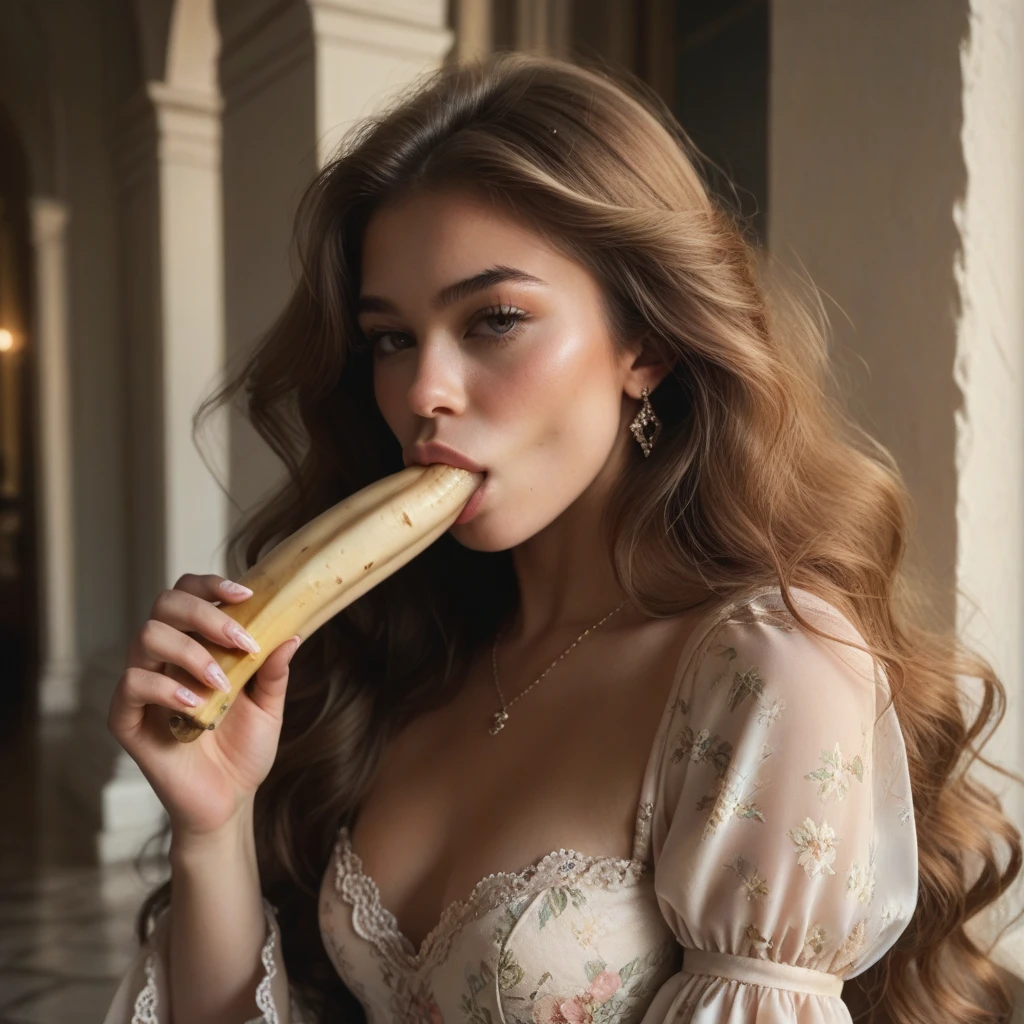 Beautiful girl with wavy long hair, bohemian dress,sucking a peeled banana