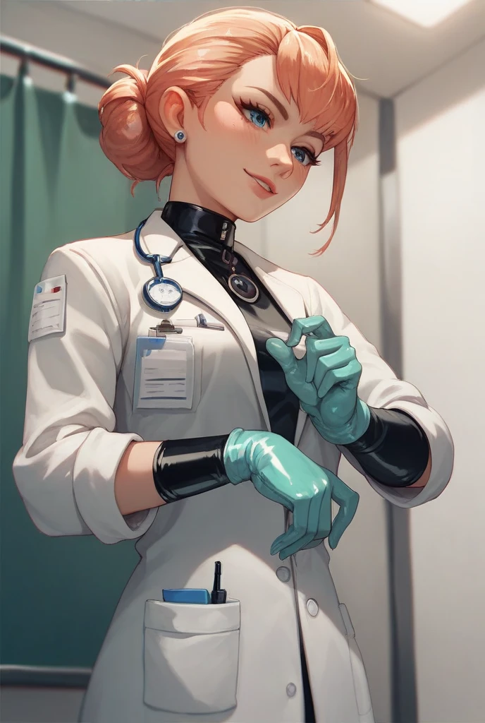 (( female doctor)), anime, (( Surgical Gloves)), (( latex gloves )), [adjusting gloves],  other clothing is not made of latex, (( Long Sleeve )),  is standing, Alone