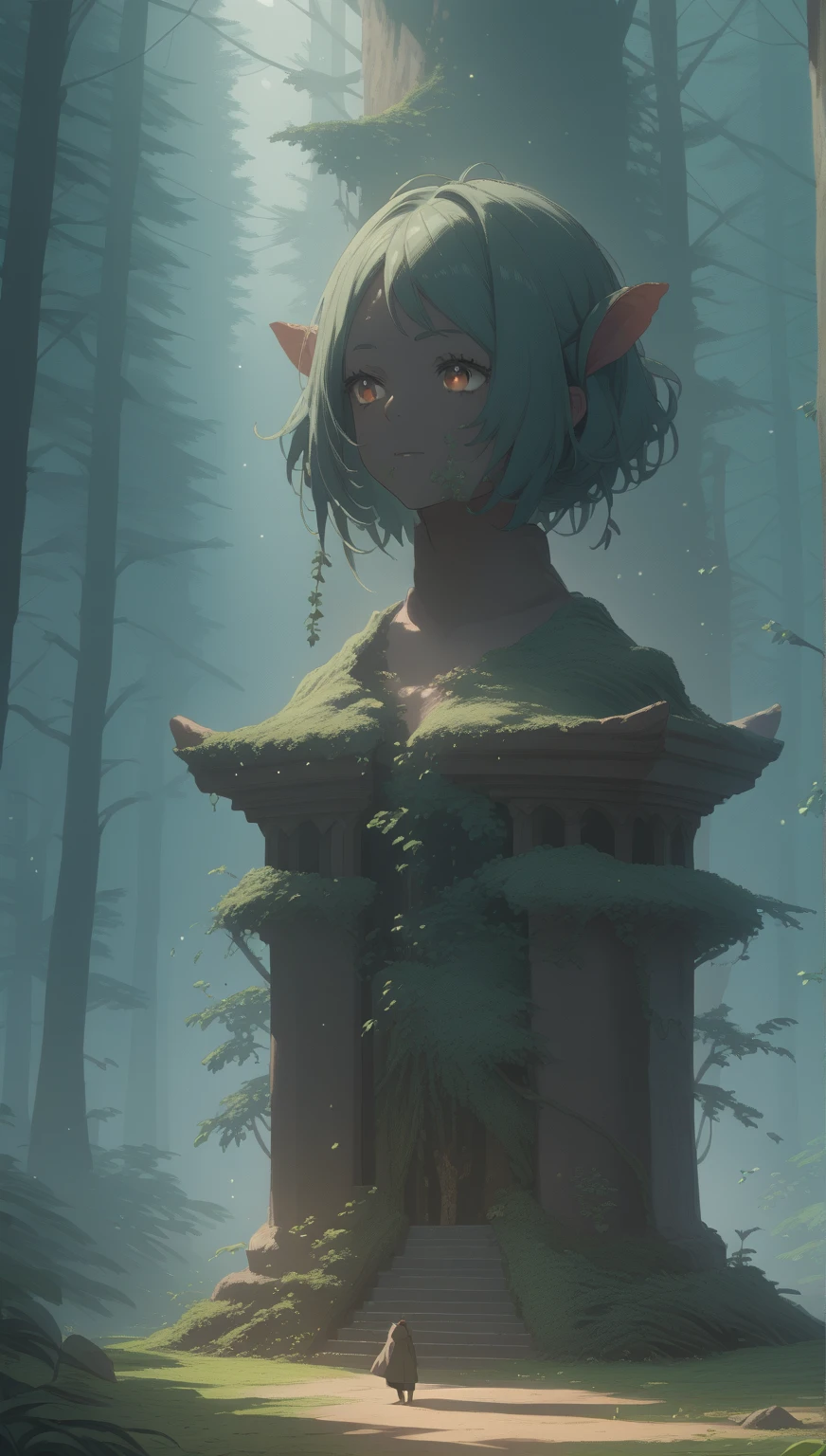 A cursed statue deep in the woods,The Cursed Statue in the Deep Forest,The cursed person who was made into a statue,Moss grew and trees wrapped around,