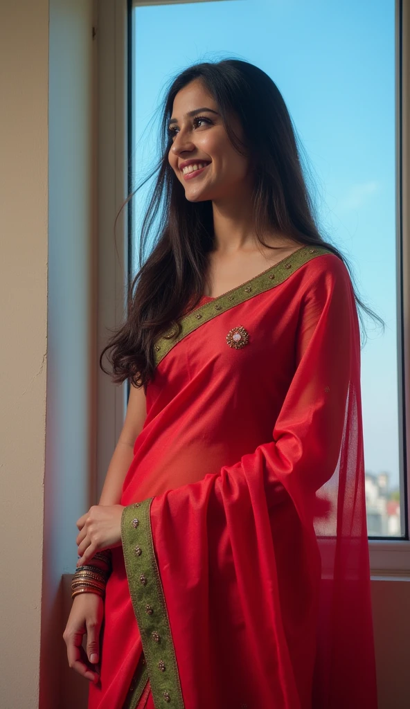 Beautiful and Slim Indian woman Aishwarya Rai in green satin blouse red saree , tied hair bun, lifting a large chubby man above her shoulders, man is sitting on woman's shoulders, natural smile, in a bedroom with high ceiling , full body view