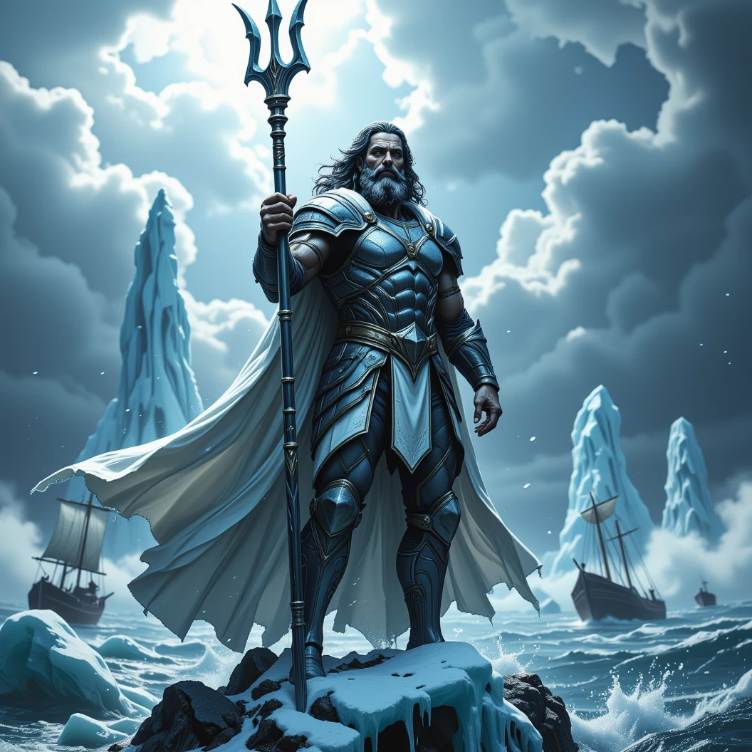 Close-Up scene of Poseidon standing on an iceberg. Dynamic God pose, facing viewer. Powerful celestial being. Winter storm at sea, snowing heavily. Dark gray hair and beard with icecicles hanging from it. He is donned in silver, ornate, fish scale armor with a white cape. Raising his icecicle covered trident staff in the air. Ships are being sunk by icebergs and rough seas in the background. Incorporate the name "SUBSonic726G" carved clearly on his trident. Floating Particles, High Resolution, Masterpiece, Award Winning, Super Detailed, Digital Art, Depth Of Field, Image Fill, Dynamic Pose, Dynamic Movement, Cinematic Lighting 