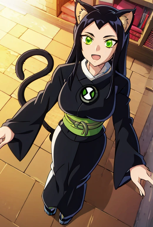 1 woman,  Cat tails, 2 tails.green eyes, ben10, botton,  balck hair. Black kimono